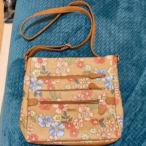Floral Tan Crossbody Bag with Multicolor Blooms